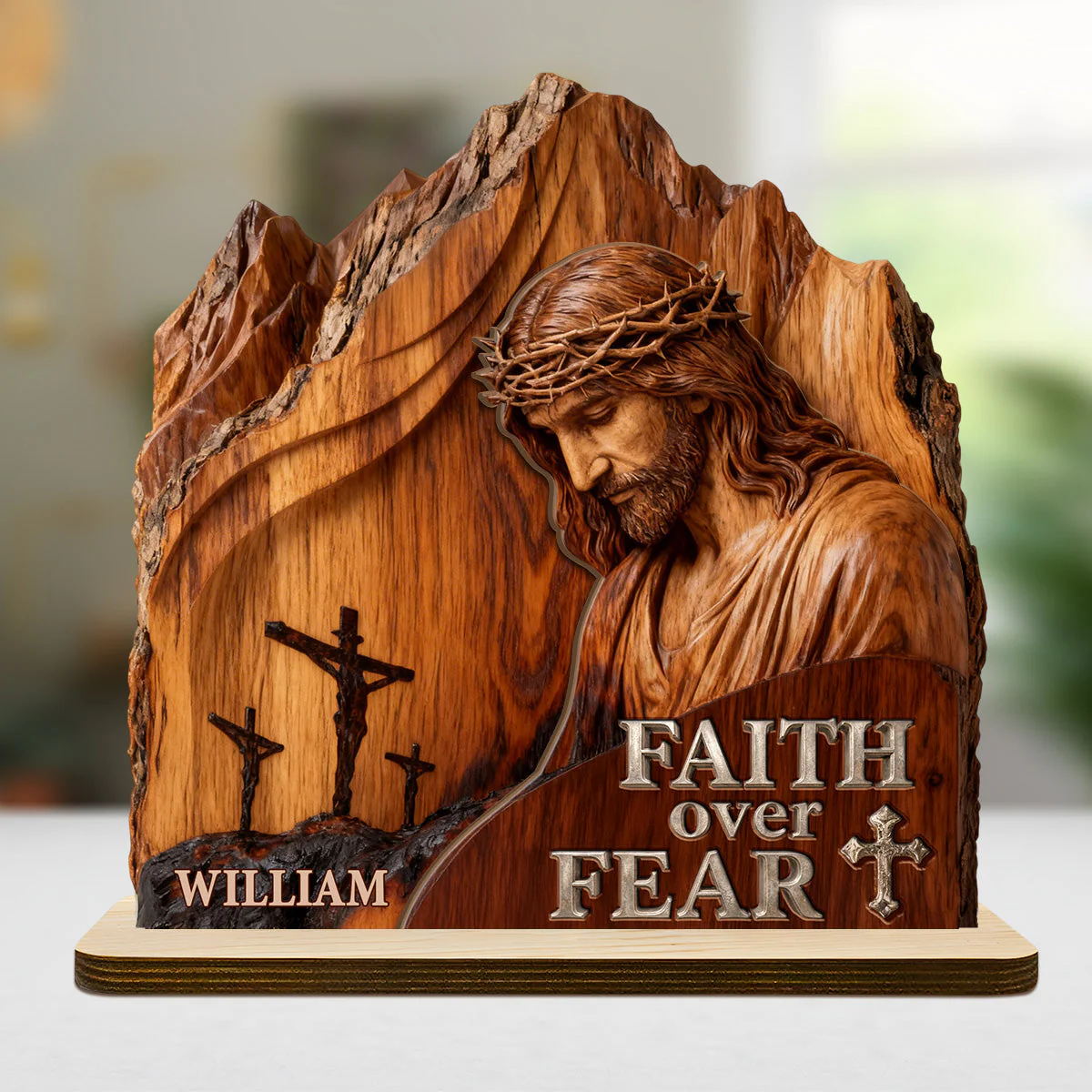 Faith Over Fear - Personalized 2-Layer Wood Plaque - Christian Gift For Him - Image 6