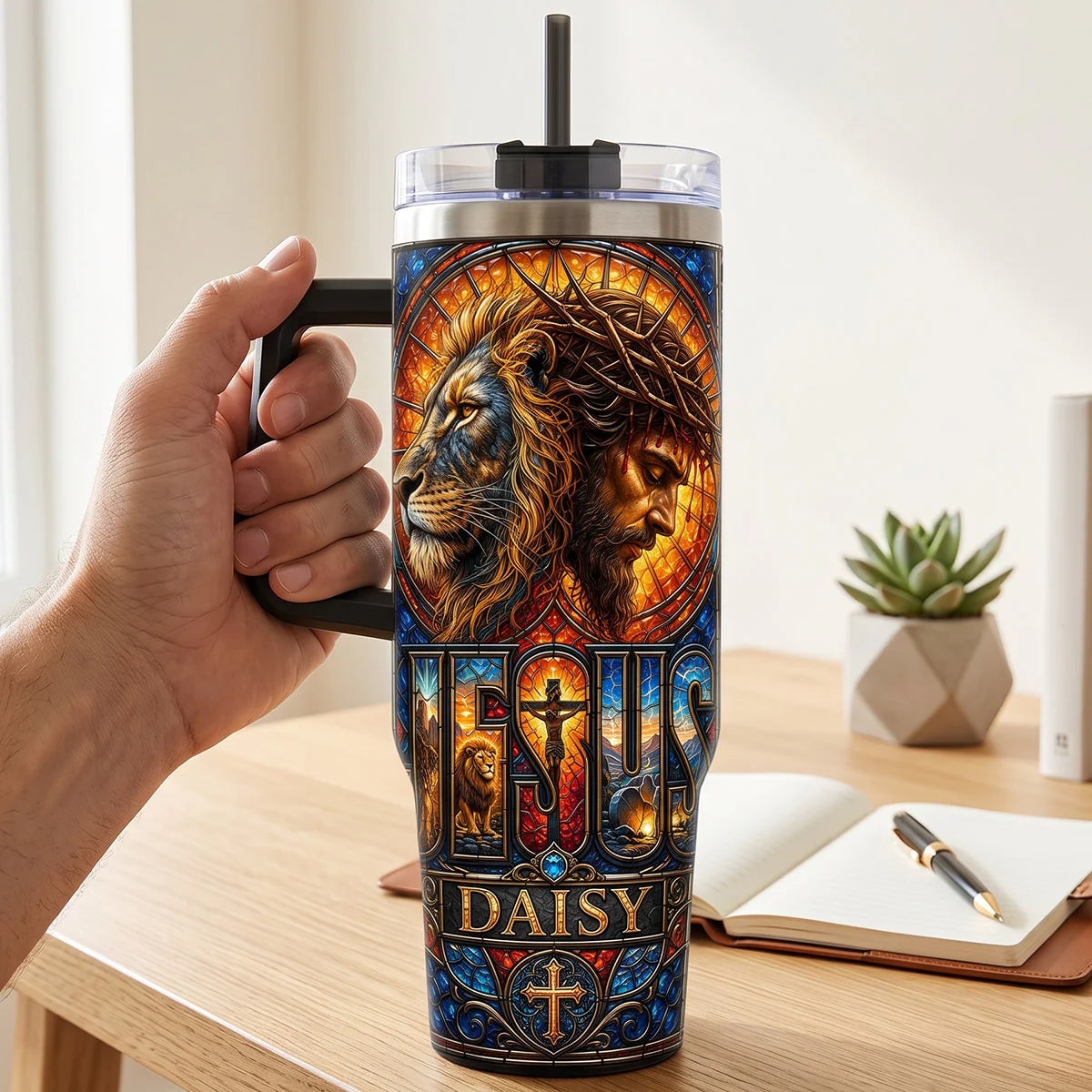 Faith & Strength - Personalized Tumbler With Handle - Gift For Christians - Image 3