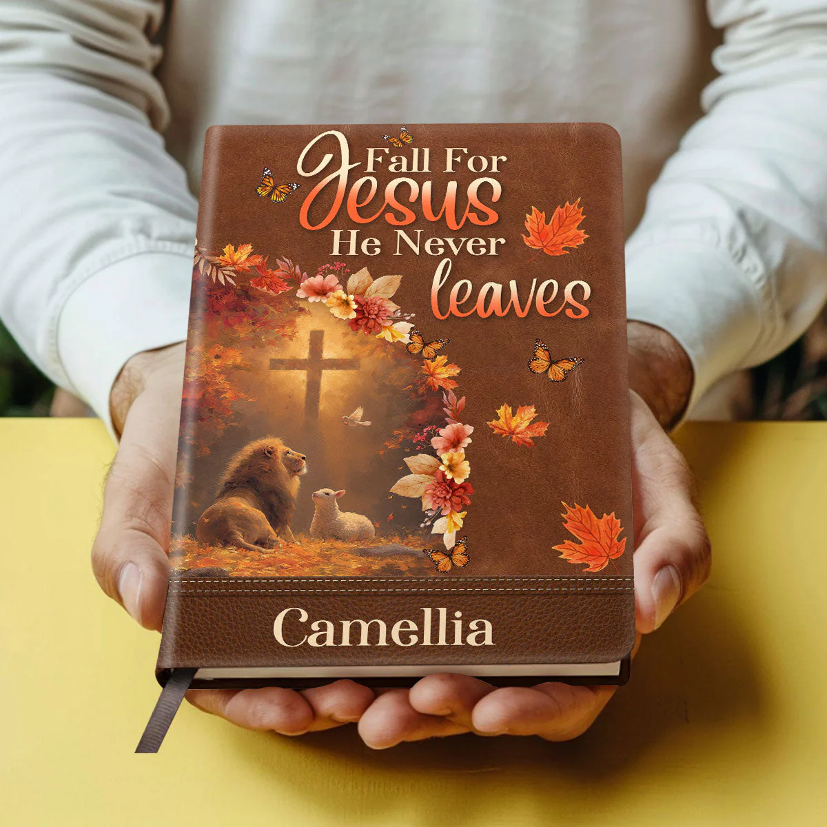 Fall For Jesus He Never Leaves - Personalized Leather Cover Notebook TD118 - Image 4