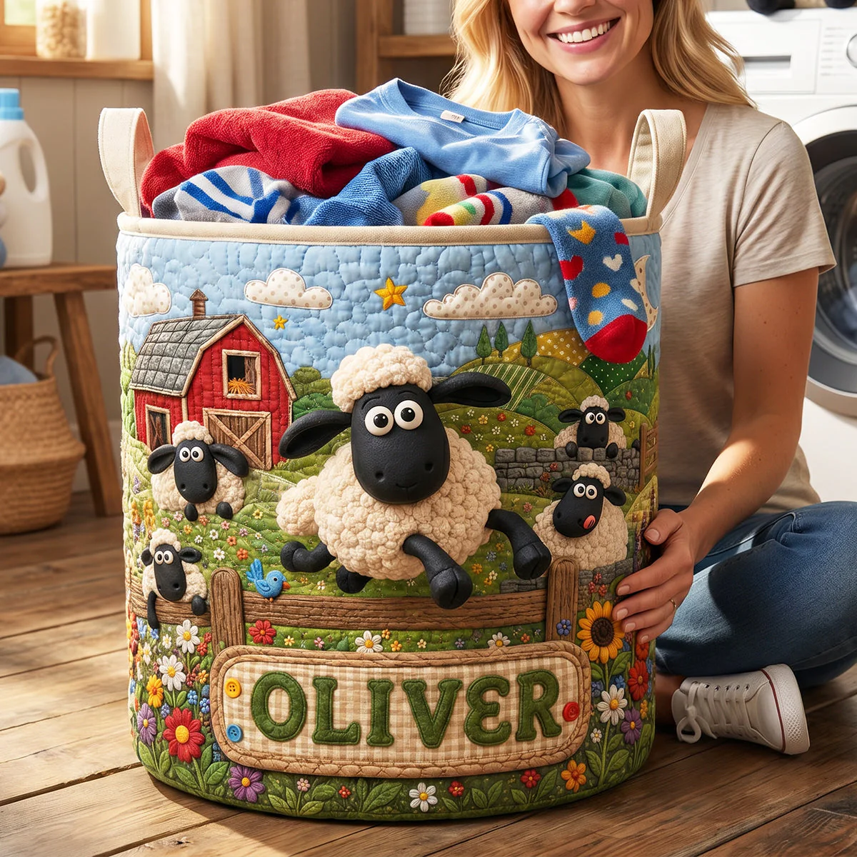 Farm Animal Cute Sheep Flower - Personalized Quilted Laundry Basket - Gifts For Family, Famer