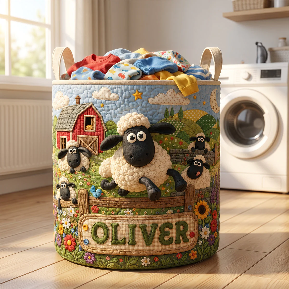 Farm Animal Cute Sheep Flower - Personalized Quilted Laundry Basket - Gifts For Family, Famer - Image 2
