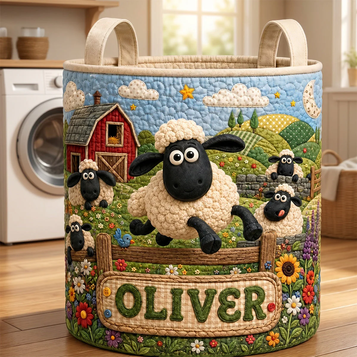 Farm Animal Cute Sheep Flower - Personalized Quilted Laundry Basket - Gifts For Family, Famer - Image 3