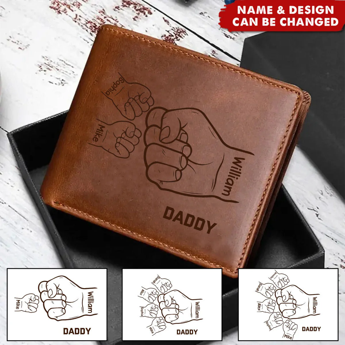 Father & Kids Hands Clenched Fist Bump - Personalized Leather Wallet For Men - Gift For Dad, Grandpa - Image 3