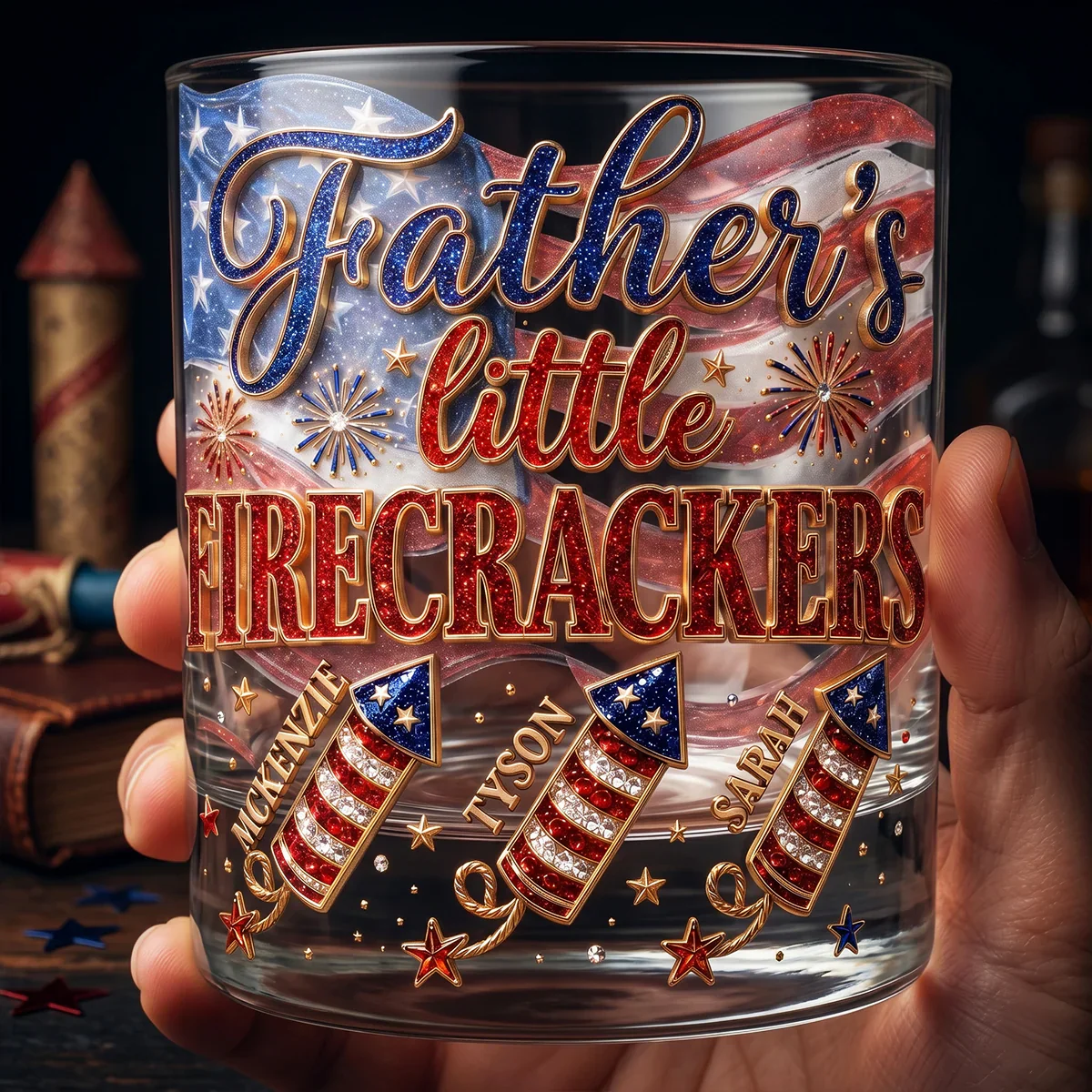 Father's Little Firecrackers - Personalized Whiskey Glass - Patriotic Gift For Dad