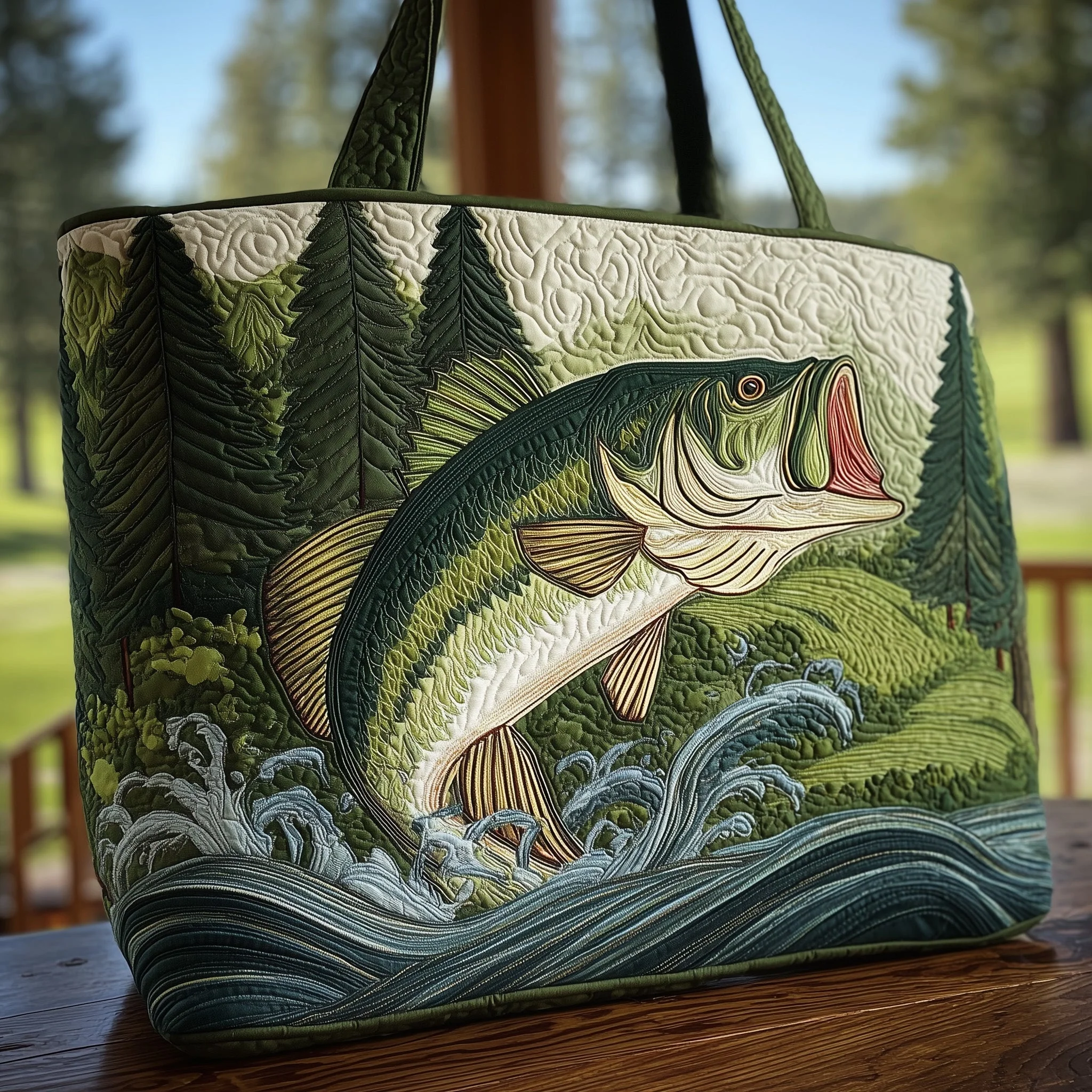 Featuring Bass Fish and Forest Scene - Personalized Quilted Tote Bag - Gift For Fishing Lovers