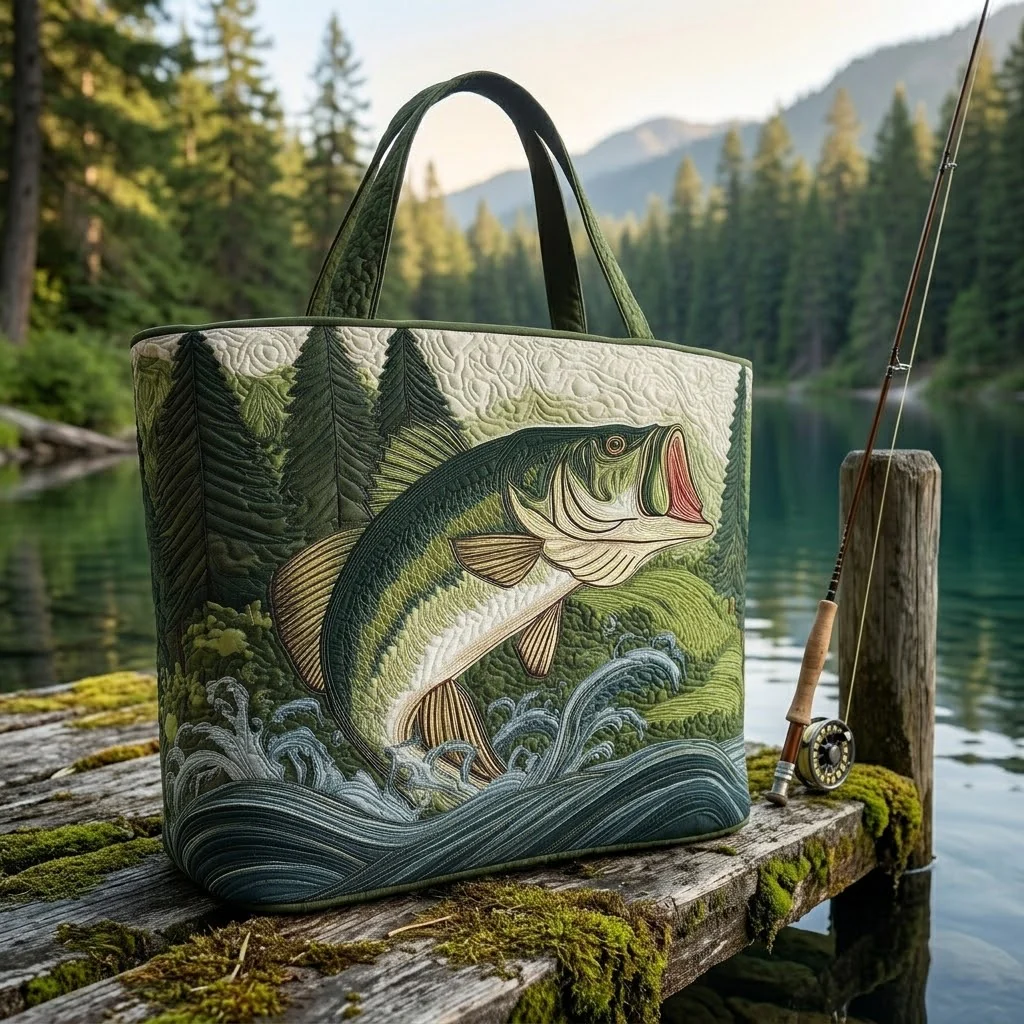 Featuring Bass Fish and Forest Scene - Personalized Quilted Tote Bag - Gift For Fishing Lovers - Image 2