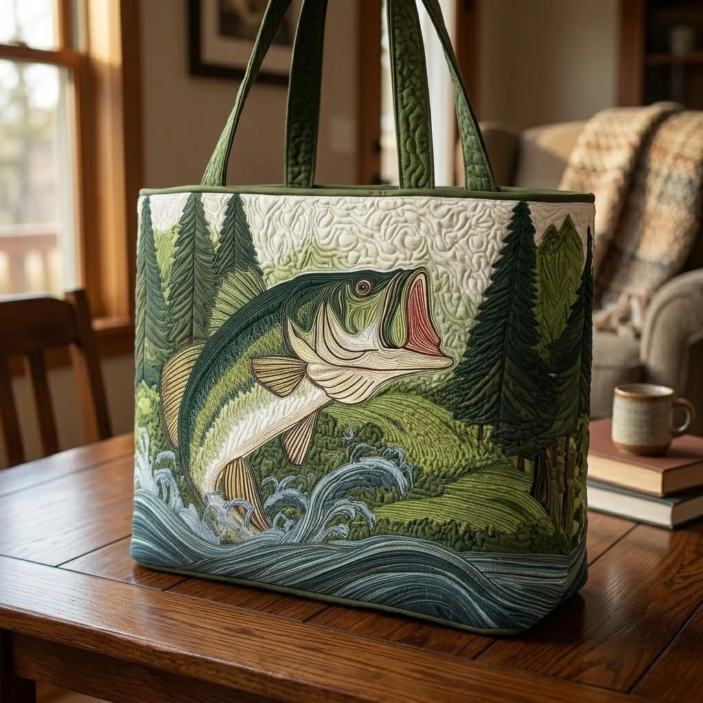 Featuring Bass Fish and Forest Scene - Personalized Quilted Tote Bag - Gift For Fishing Lovers - Image 3