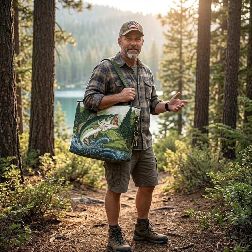 Featuring Bass Fish and Forest Scene - Personalized Quilted Tote Bag - Gift For Fishing Lovers - Image 4