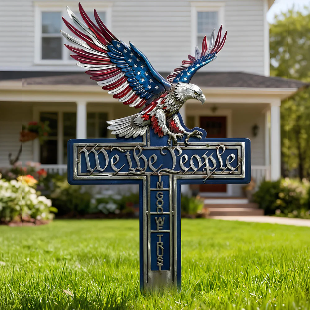 Fierce Eagle On Cross We The People - Personalized Metal Stake Garden - Patriotic Gift For Family