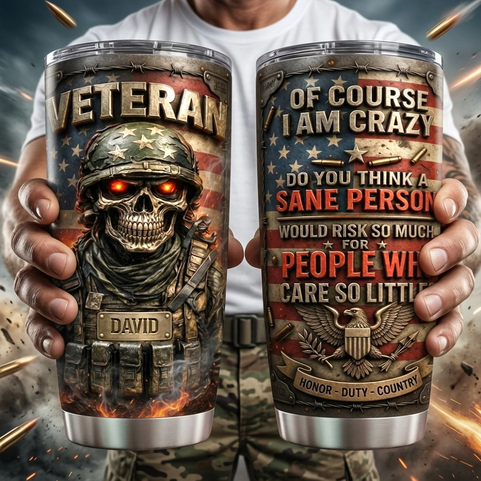Fire Skull Of Course I Am Crazy - Personalized Tumbler - Gift For Veterans