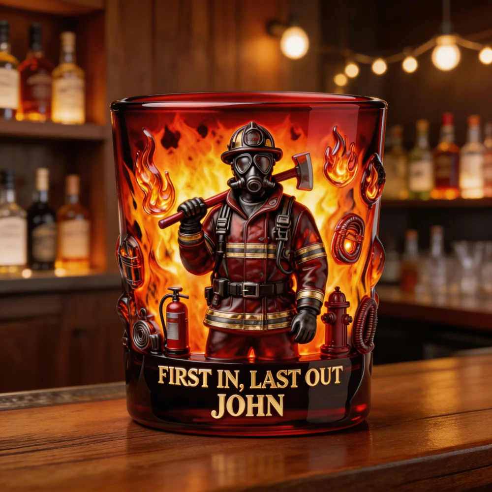 Firefighter Dad First In, Last Out - Personalized Whiskey Glass - Gift For Dad