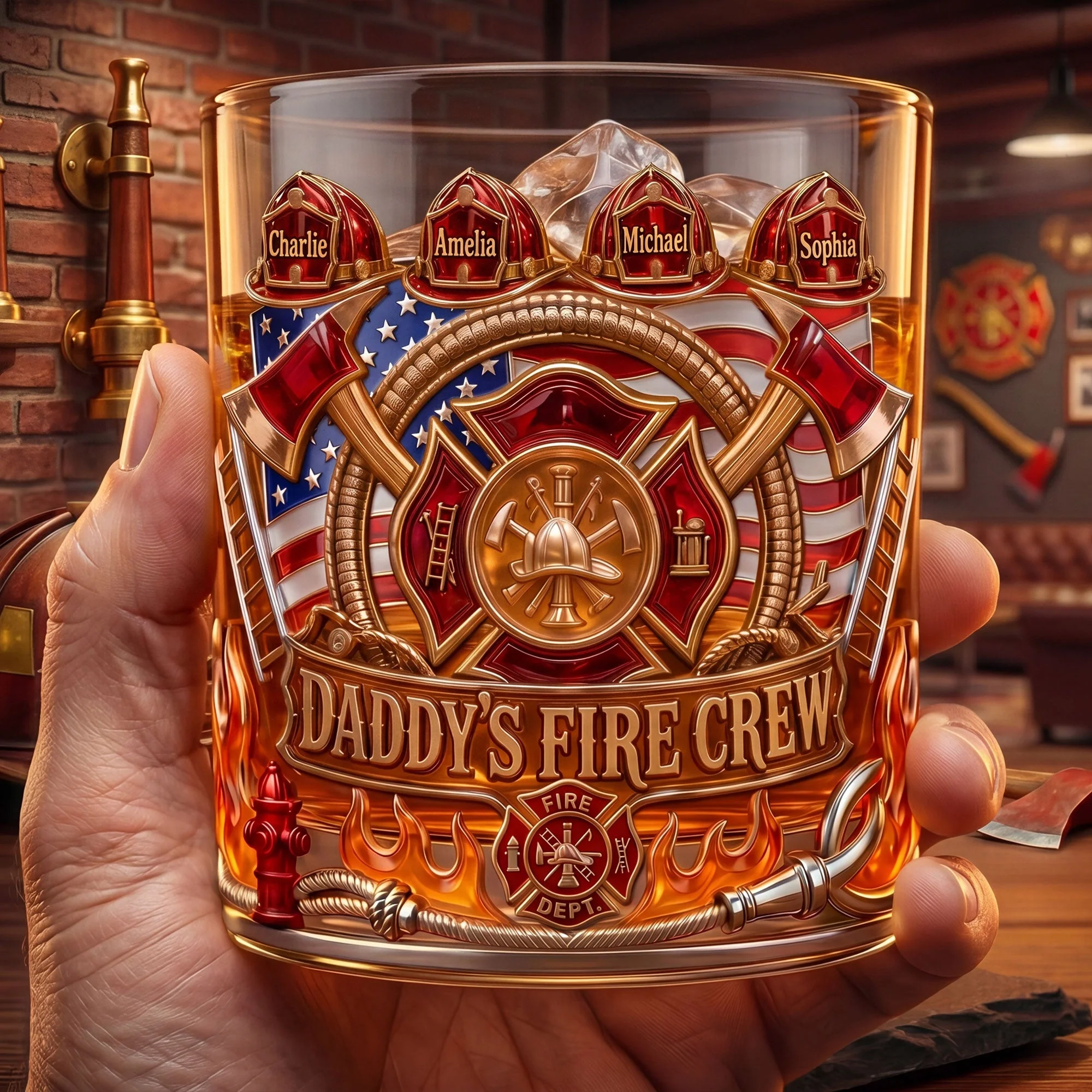 Firefighter Daddy Crew - Personalized Whiskey Glass - Gift For Dad, Firefighter
