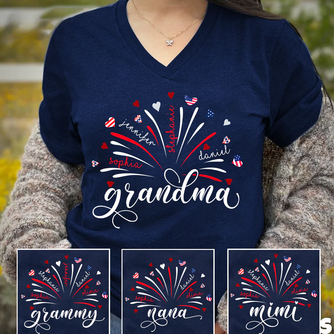 Firework America Flag Grandma And Kids - Personalized T-shirt - Gift For Grandma, Mother's Day HN02