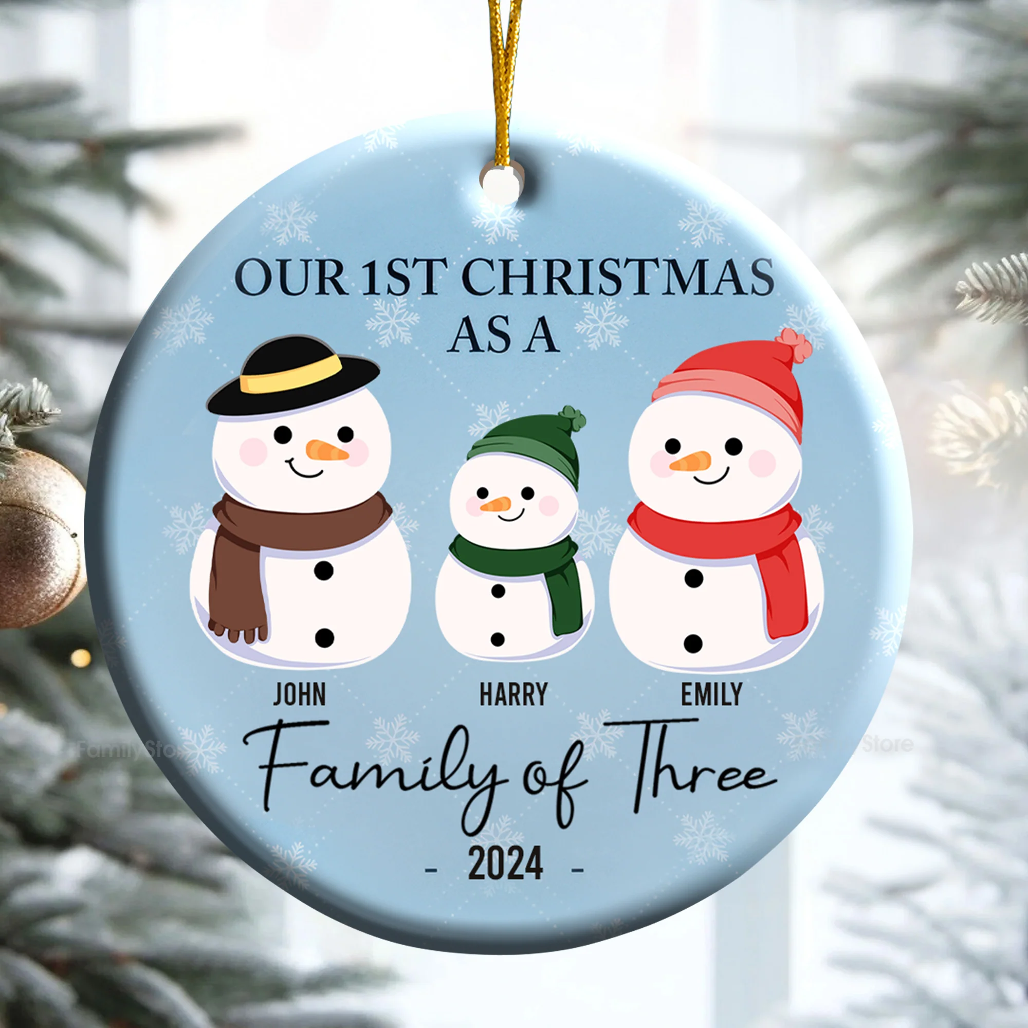 First Christmas As A Family Of Three Snowman - Gift For Family - Personalized Ceramic Ornament - CL34 NA94 - Image 3