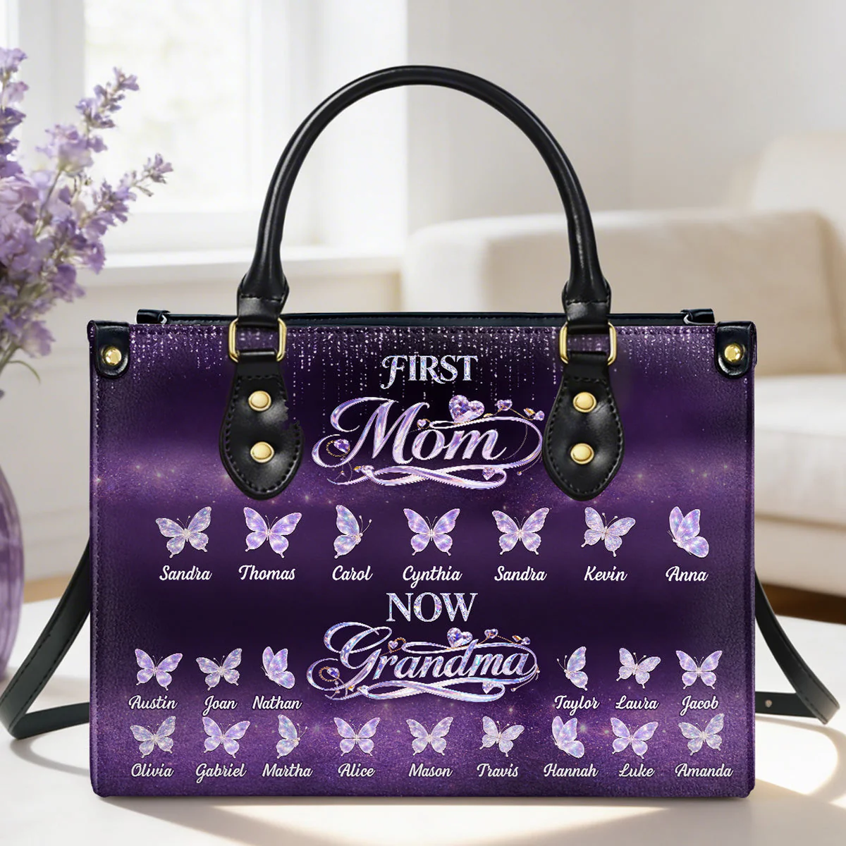 First Mom Now Grandma Butterfly Design - Personalized Leather Bag - Gift For Grandma