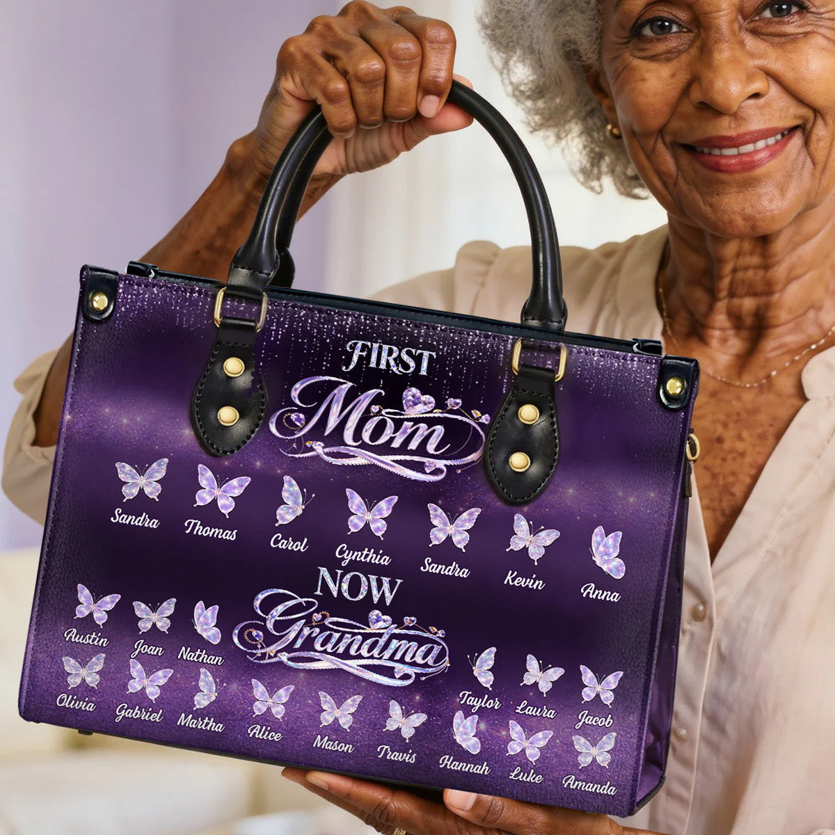 First Mom Now Grandma Butterfly Design - Personalized Leather Bag - Gift For Grandma - Image 2