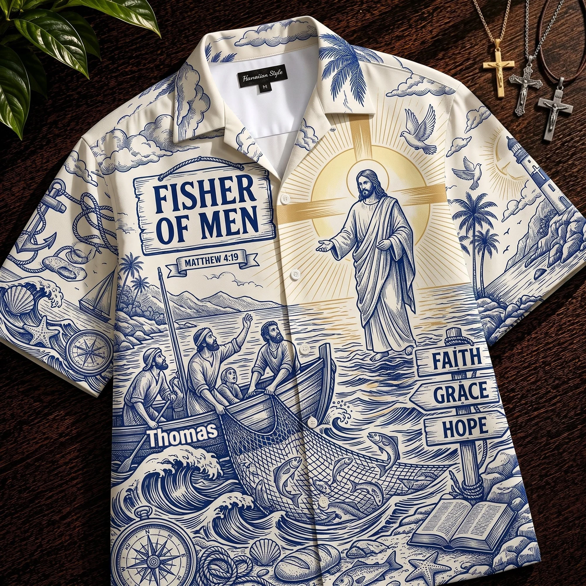Fisher Of Men Christian Fishing Toile De Jouy - Personalized Hawaiian Shirt - Gift For Christian Fisherman