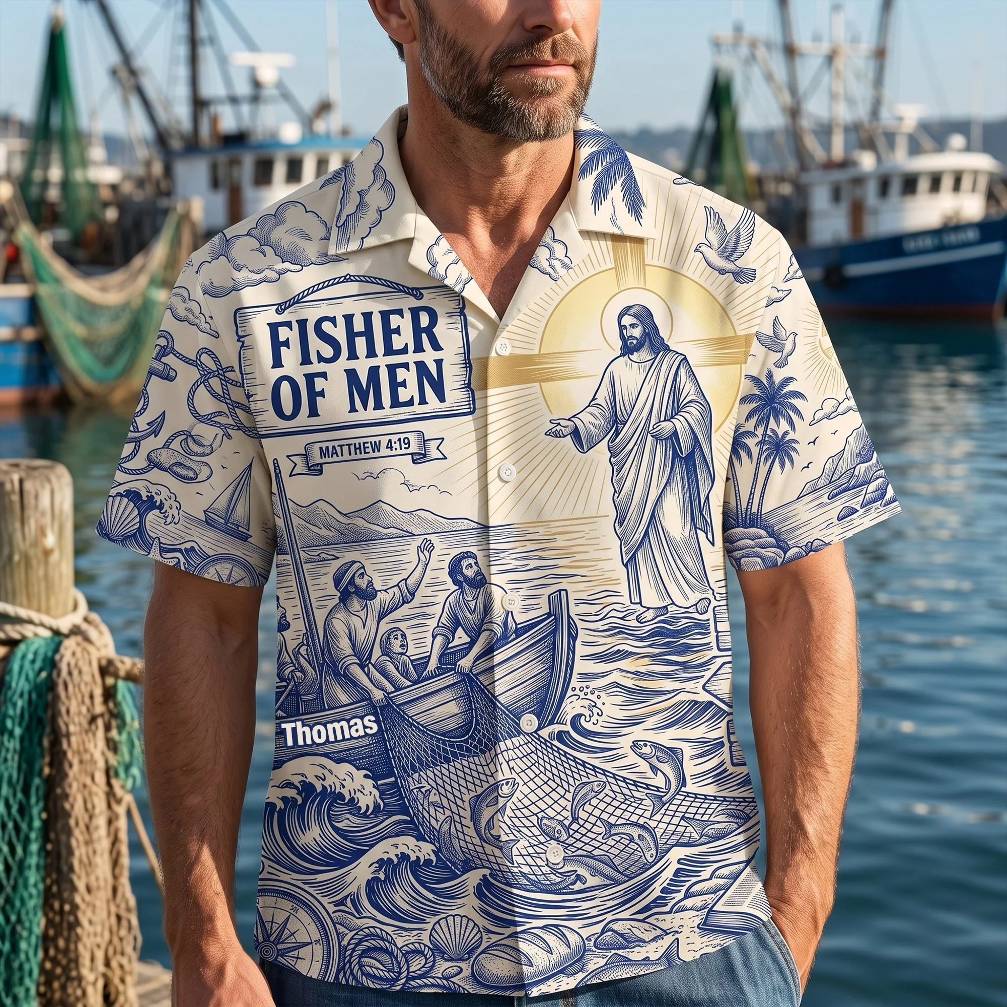 Fisher Of Men Christian Fishing Toile De Jouy - Personalized Hawaiian Shirt - Gift For Christian Fisherman - Image 2
