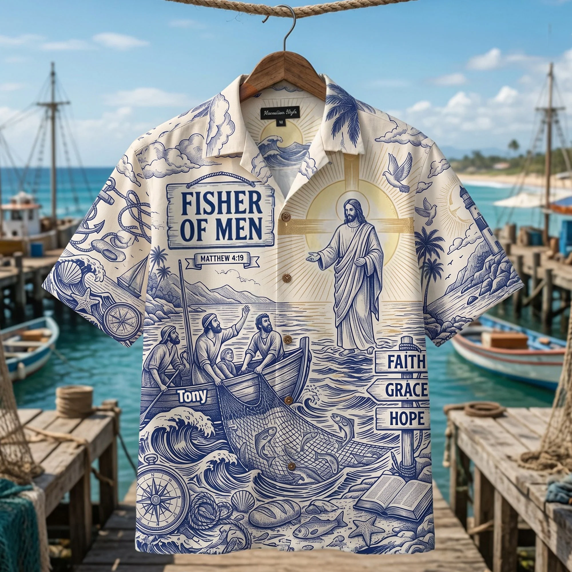 Fisher Of Men Christian Fishing Toile De Jouy - Personalized Hawaiian Shirt - Gift For Christian Fisherman - Image 3