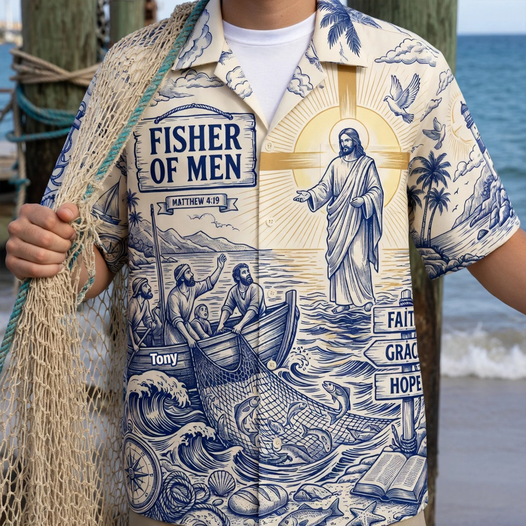 Fisher Of Men Christian Fishing Toile De Jouy - Personalized Hawaiian Shirt - Gift For Christian Fisherman - Image 4