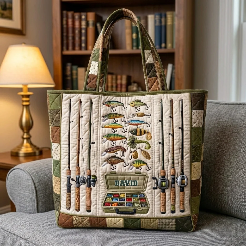 Fishing Tackle Box Rods Lures Patchwork - Personalized Quilted Tote Bag - Gift For Him, Dad - Image 2