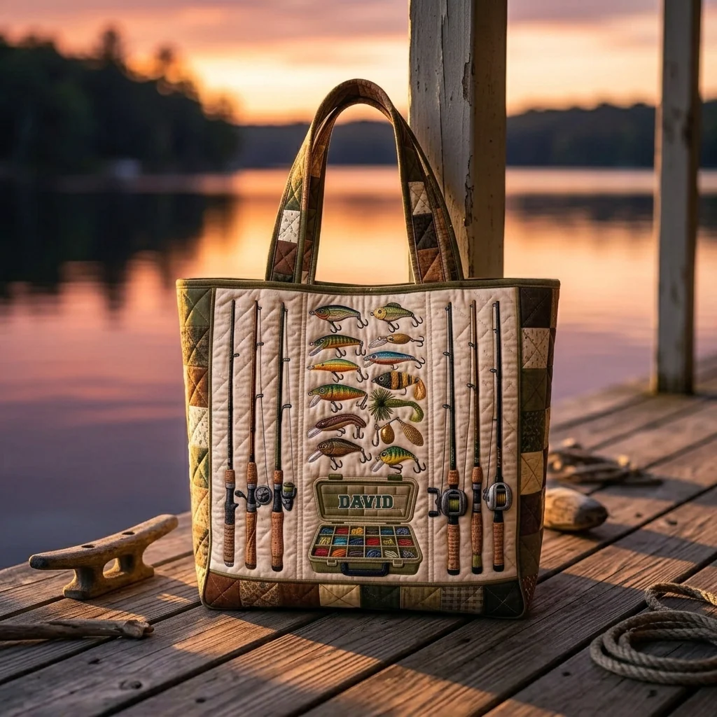 Fishing Tackle Box Rods Lures Patchwork - Personalized Quilted Tote Bag - Gift For Him, Dad - Image 4
