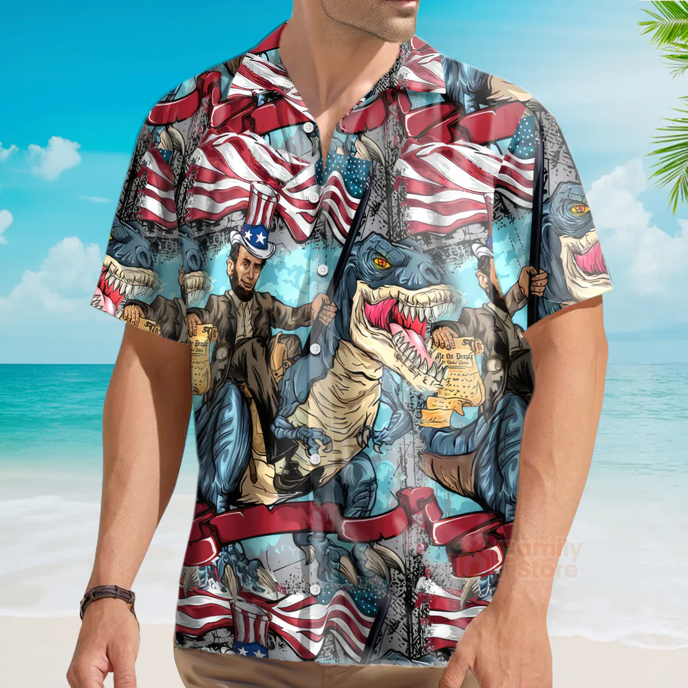 Flag Dinosaur Chest Pocket Short Sleeve Casual Shirt Hawaiian Shirt - Image 3
