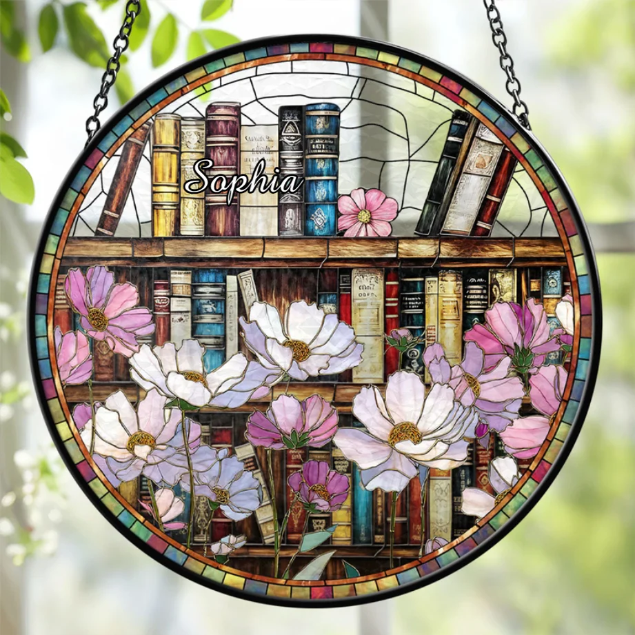 Floral Birth Month Book Lovers - Personalized Stained Glass Window Hanging Suncatcher - Gift For Book Lovers, Her, Birthday HH01