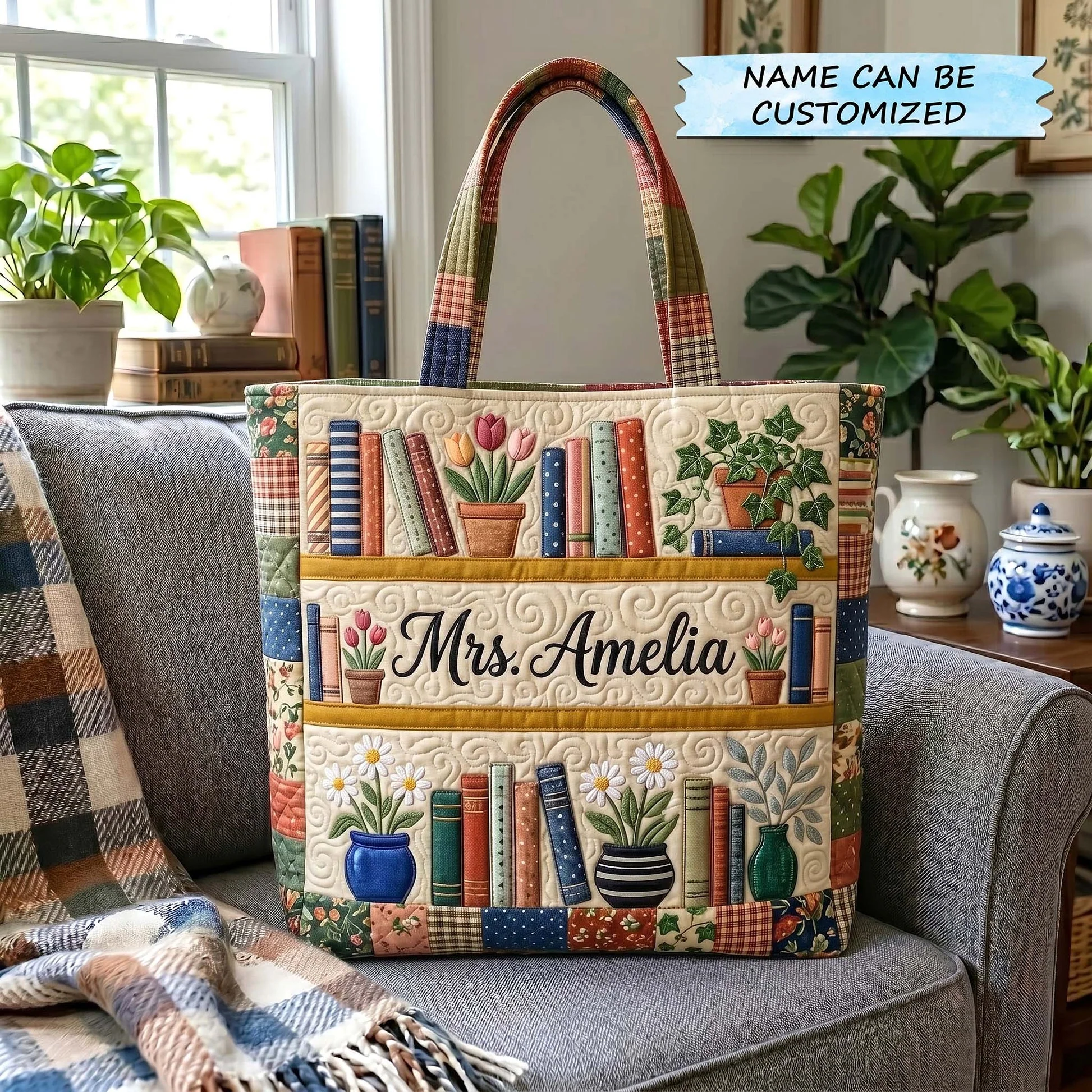 Floral Bookshelf Book Lovers Library - Personalized Quilted Tote Bag - Gift For Teacher