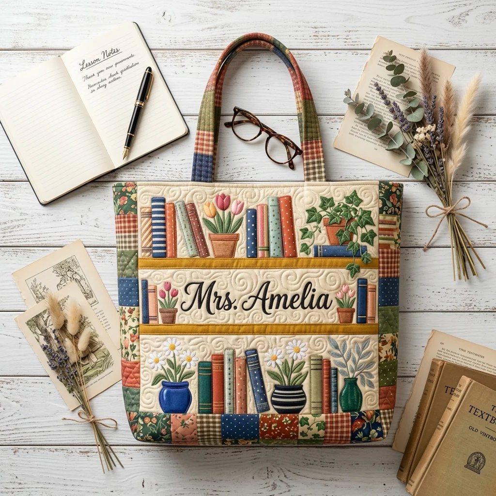 Floral Bookshelf Book Lovers Library - Personalized Quilted Tote Bag - Gift For Teacher - Image 4