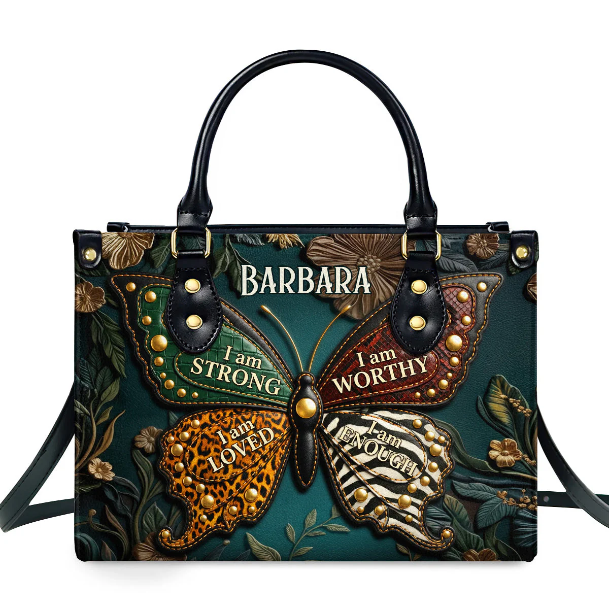 Floral Butterfly Empowerment - Personalized Leather Bag - Gift For Mom, Grandma