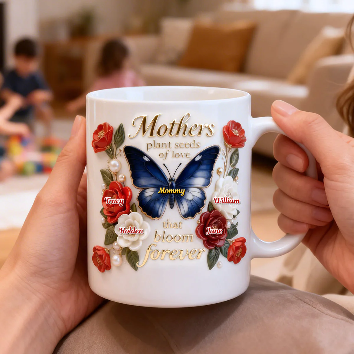 Floral Butterfly Mom And Kids - Personalized Mug - Gift For Mom, Grandma HN02