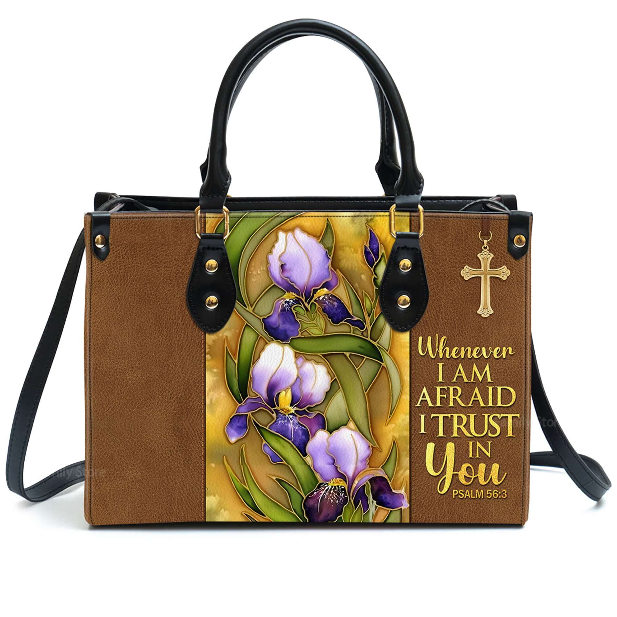 Flower And Cross Whenever I Am Afraid, I Trust In You Psalm 56:3 - Unique Personalized Leather Handbag - AT4080847 - Image 2