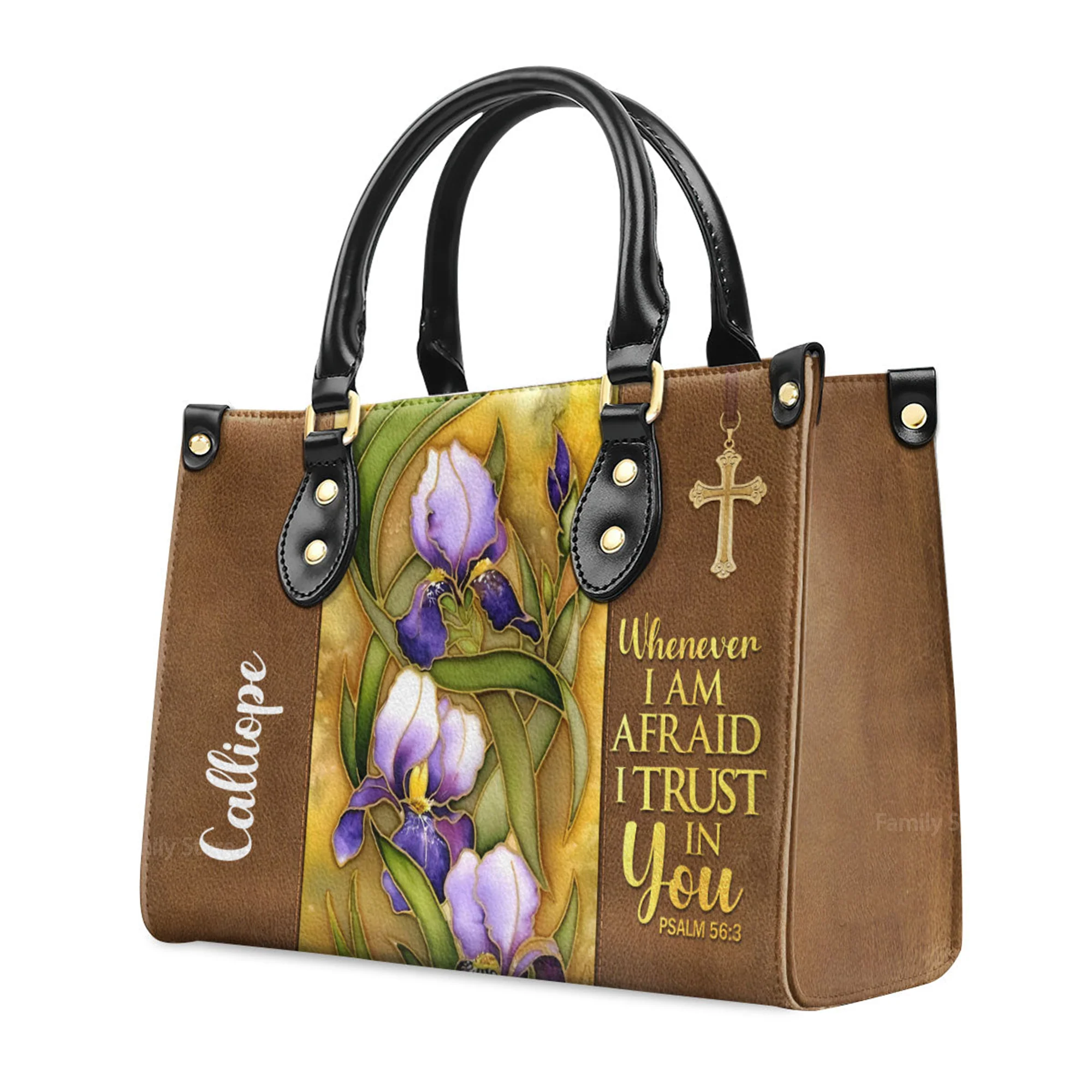 Flower And Cross Whenever I Am Afraid, I Trust In You Psalm 56:3 - Unique Personalized Leather Handbag - AT4080847 - Image 3