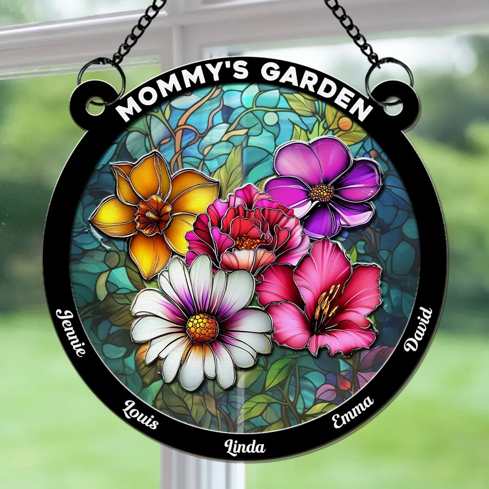 Flower Birth Month Garden Mother - Personalized Window Hanging Suncatcher - Gift For Mom, Grandma | HN02