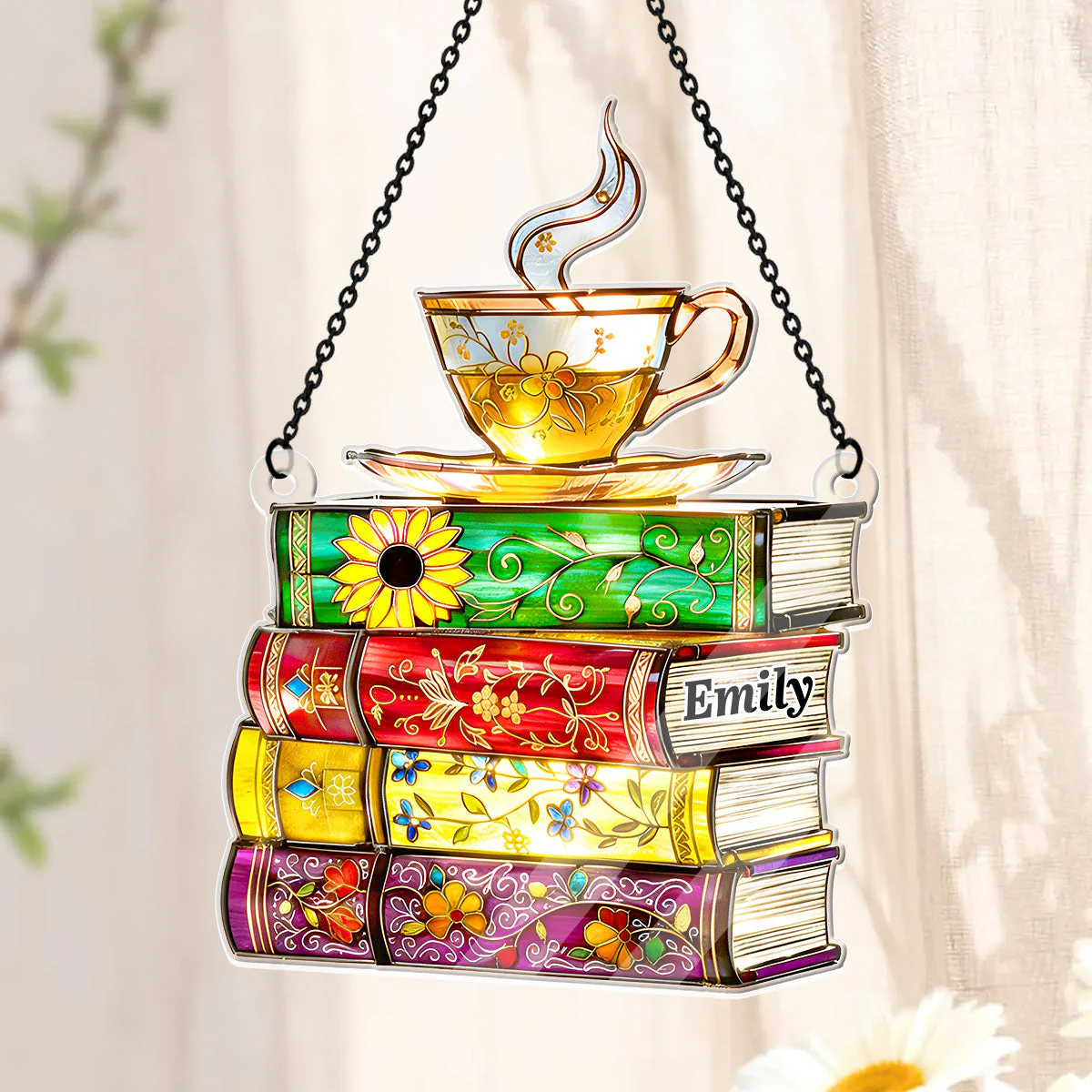 Flower Books And Tea - Personalized Acrylic Suncatcher - Gift For Book Lovers HH01 - Image 3
