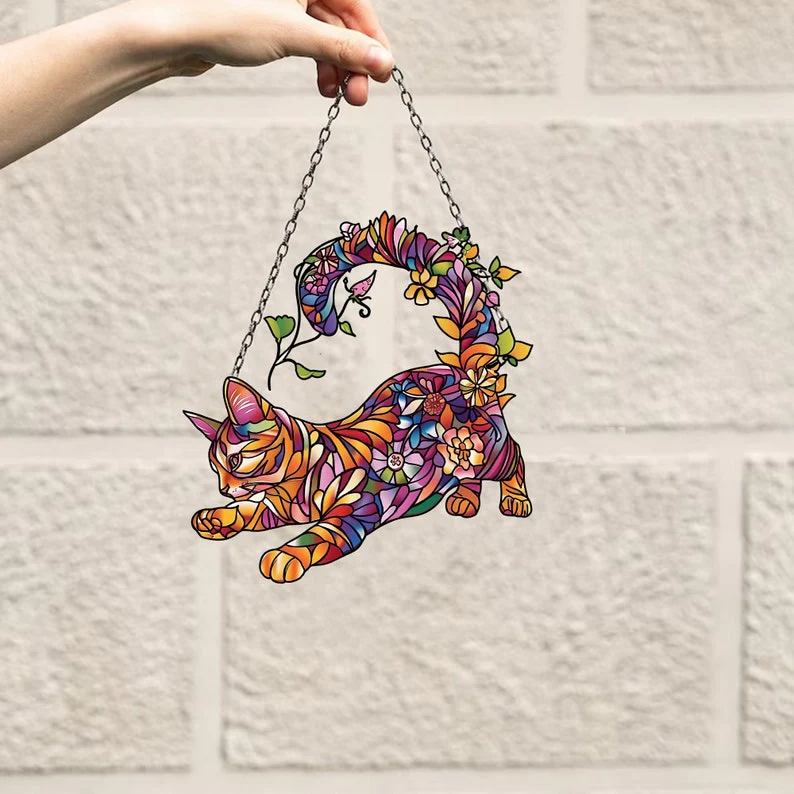 Flower Cat Pattern - Gift For Cat Lovers - Window Hanging Window Hanging Suncatcher Ornament - Image 2