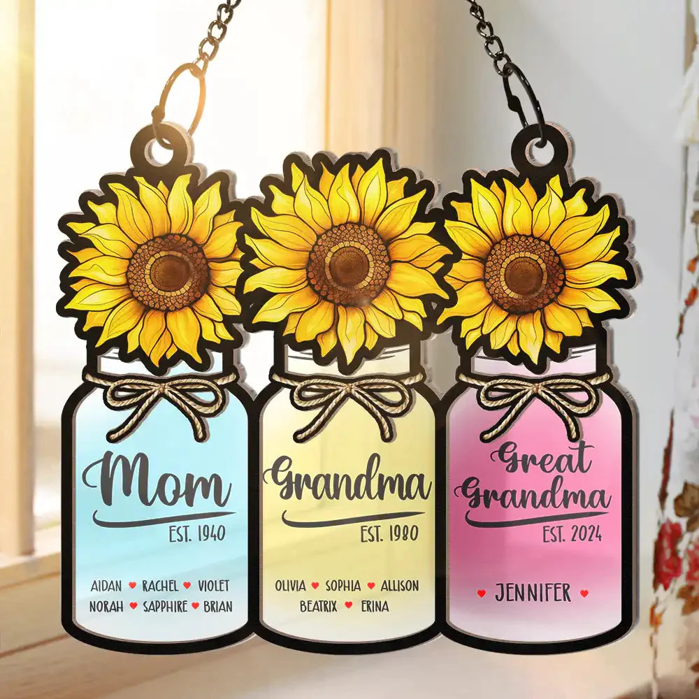 Flower Mason Jar Mom Grandma Great Grandma - Personalized Window Hanging Window Hanging Suncatcher Ornament - Gift For Mom, Grandma, Mother's Day | NA94