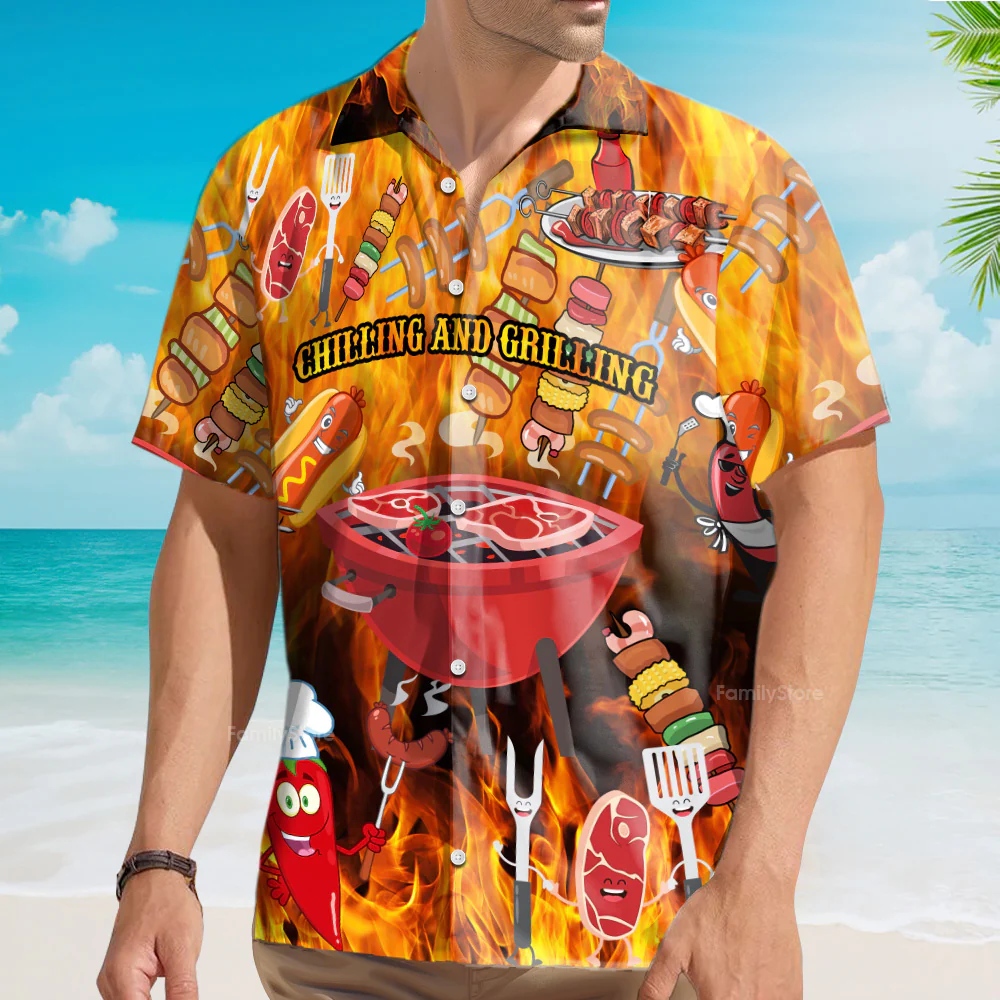 Food Hot Chilling and Grilling BBQ Party Hawaiian Shirt - Image 2