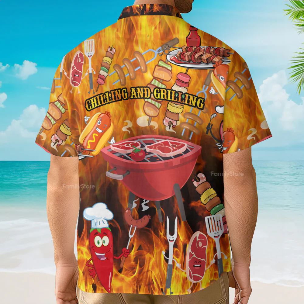 Food Hot Chilling and Grilling BBQ Party Hawaiian Shirt - Image 3