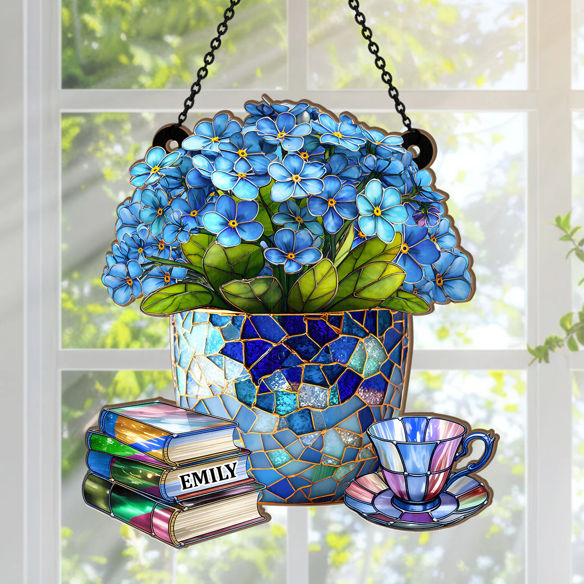 Forget-Me-Not, Books, And Tea - Personalized Window Hanging Suncatcher