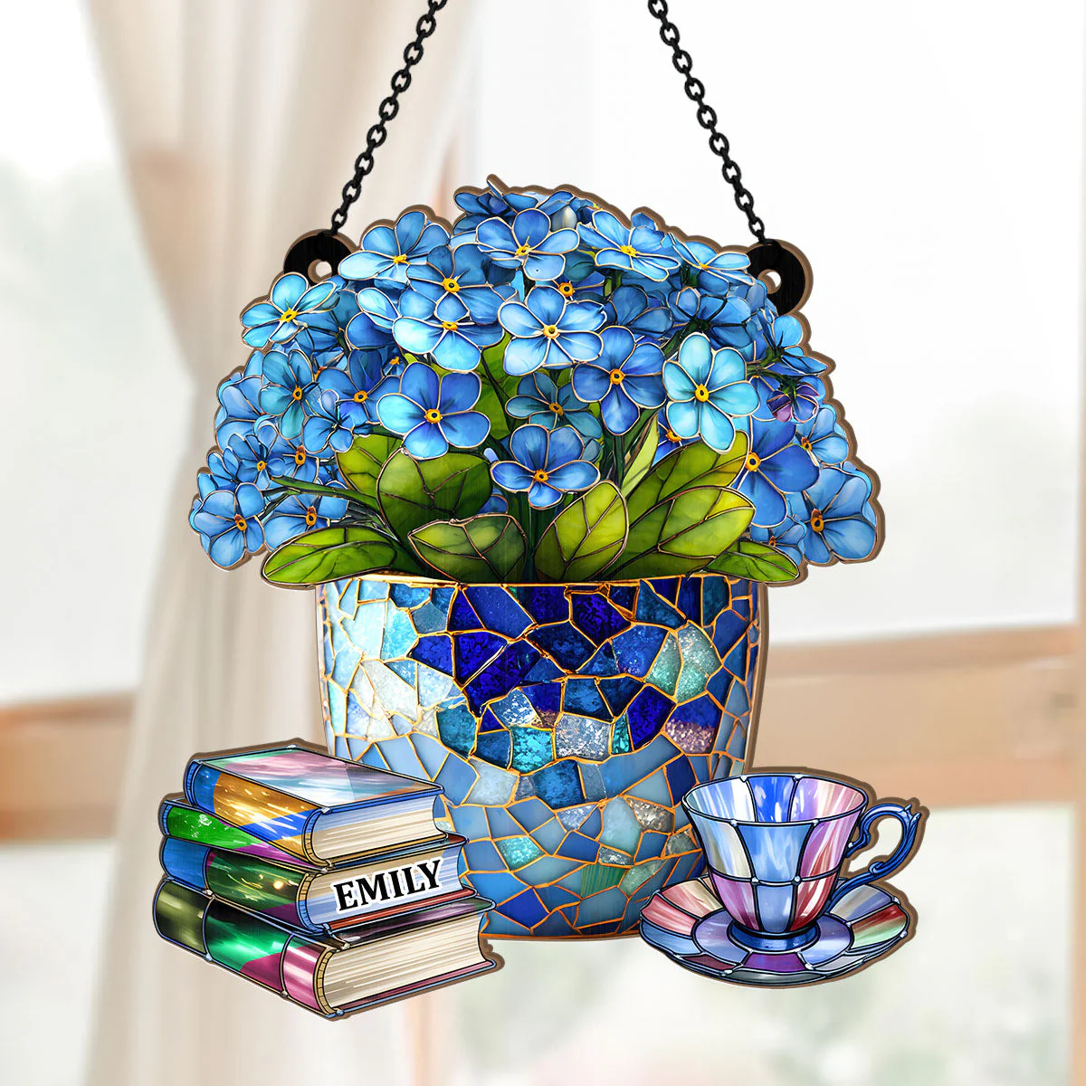 Forget-Me-Not, Books, And Tea - Personalized Window Hanging Suncatcher - Image 5