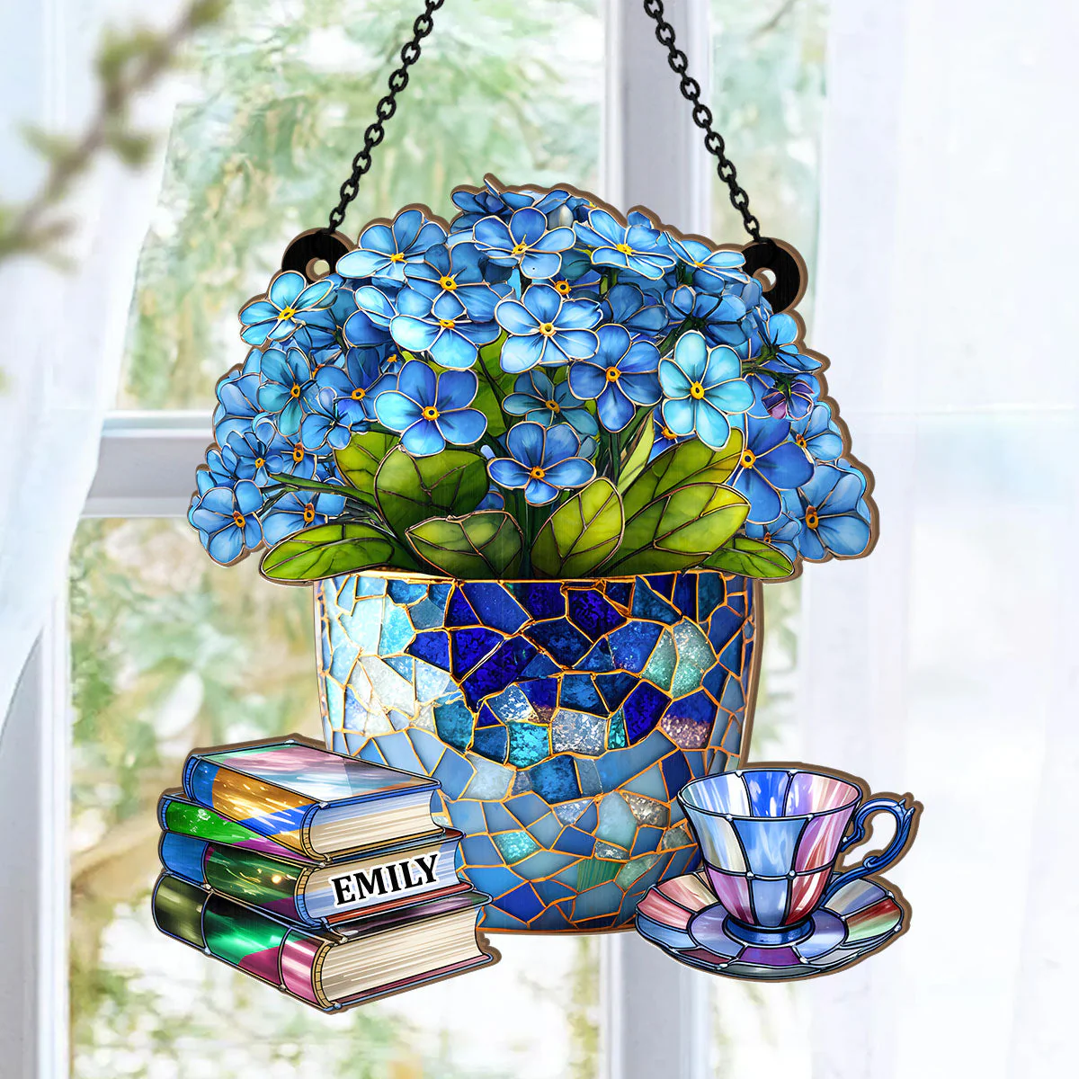 Forget-Me-Not, Books, And Tea - Personalized Window Hanging Suncatcher - Image 6