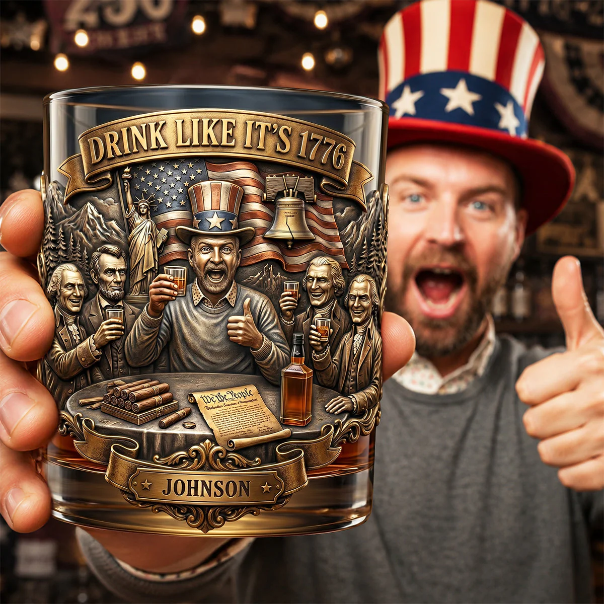 Fun Freedom Party Drink Like It's 1776 - Personalized Whiskey Glass - Patriotic Gift For Dad - Image 2