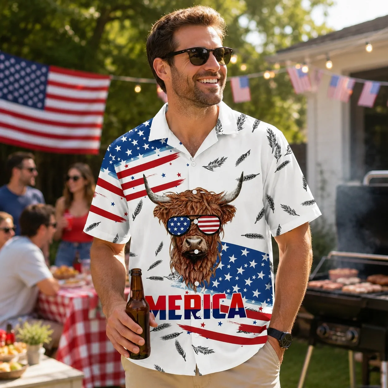 Funny 4th of July Patriotic Highland Cow Sunglasses American Flag - Personalized Hawaiian Shirt - Gift For Patriots - Image 2