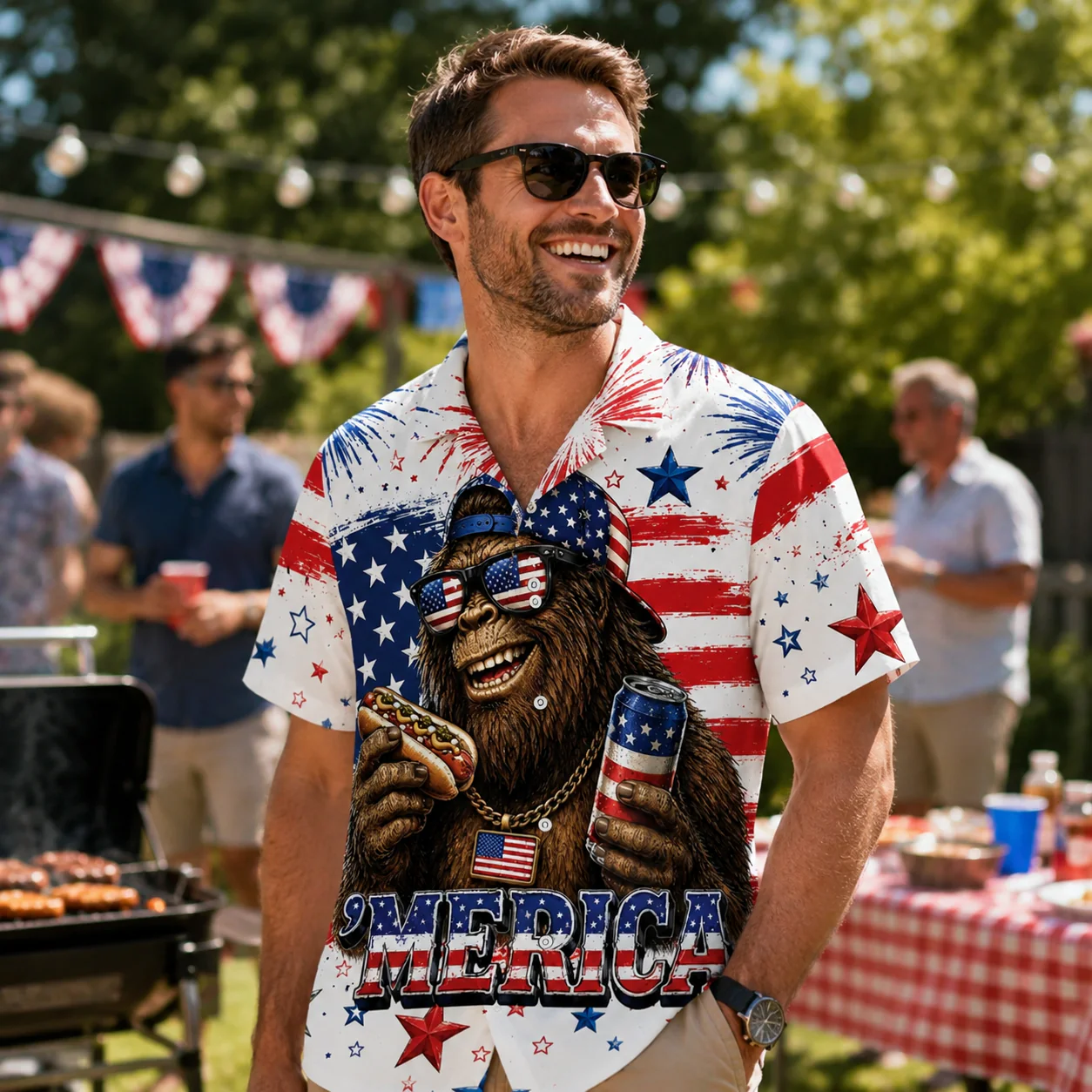 Funny Bigfoot Hot Dog Beer American Flag - Hawaiian Shirt - Gift for Patriots - Image 3