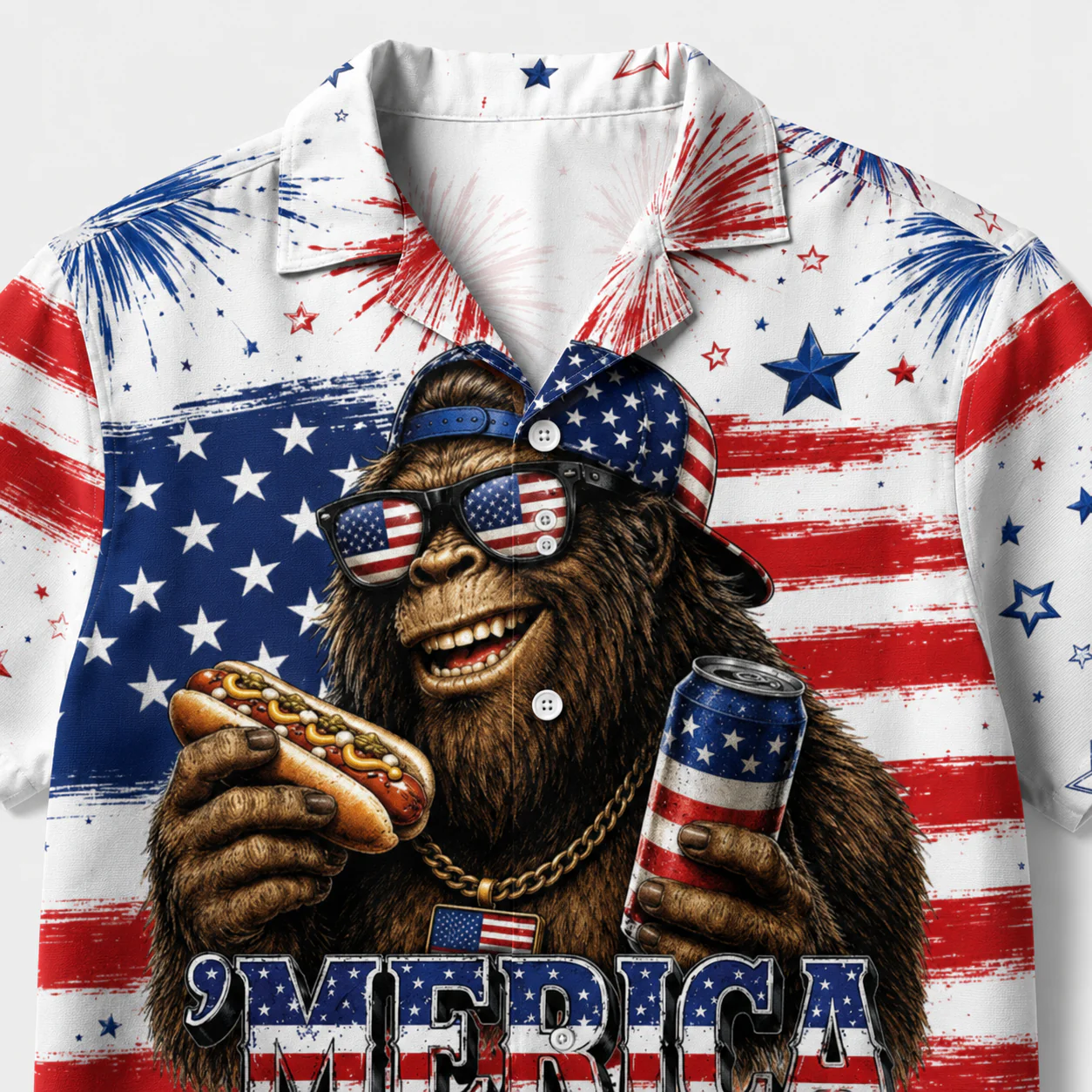 Funny Bigfoot Hot Dog Beer American Flag - Hawaiian Shirt - Gift for Patriots - Image 4