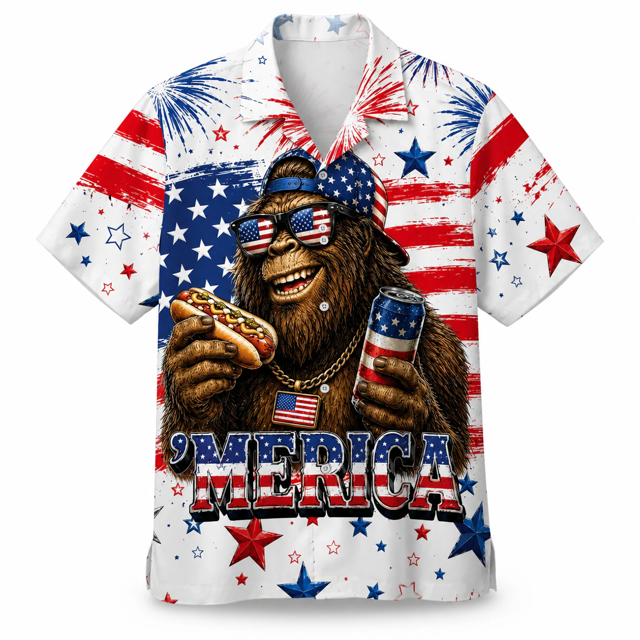 Funny Bigfoot Hot Dog Beer American Flag - Hawaiian Shirt - Gift for Patriots - Image 5