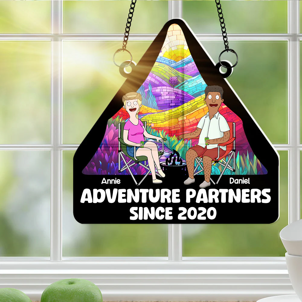 Funny Burgers Camping Cartoon Couple - Anniversary, Vacation, Funny Gift For Campers,  - Personalized Window Hanging Window Hanging Suncatcher Ornament | CL55
