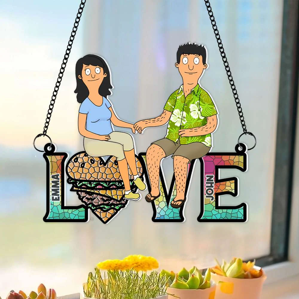 Funny Burgers Cartoon Couple Anniversary - Gift For Couple, Anniversary - Personalized Window Hanging Window Hanging Suncatcher Ornament | CL55